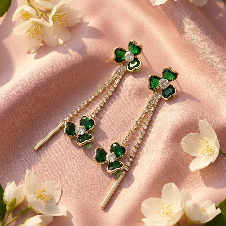 Green Clover Long Chain Earrings