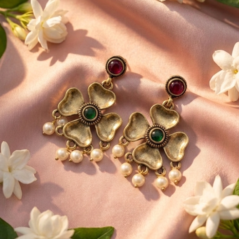 Oxidised gold-tone ddangle Green and RedStone Earrings