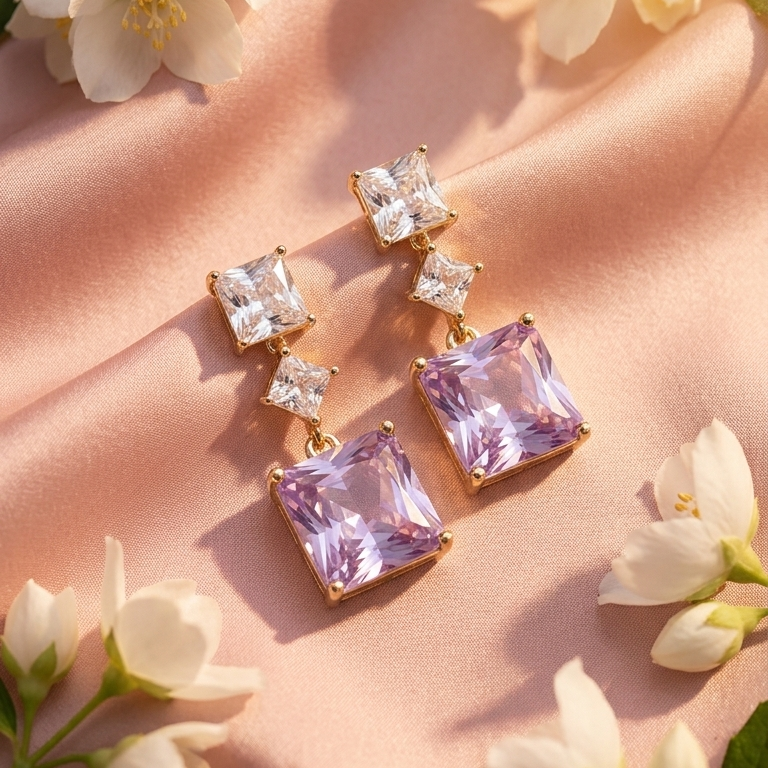 Square Lavender Gemstones Earrings