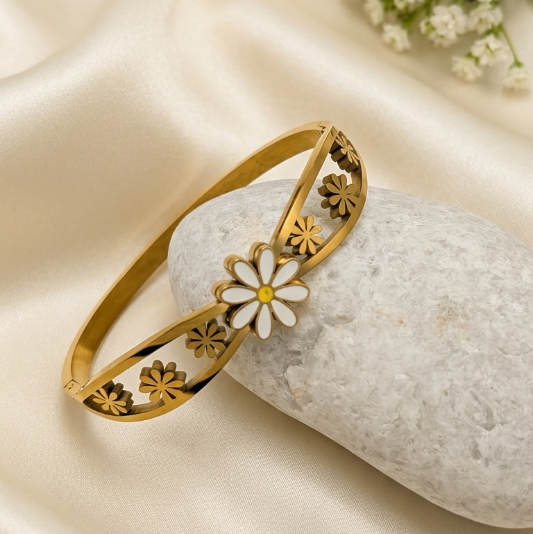 Elegant White Daisy Gold Open Cuff Kada