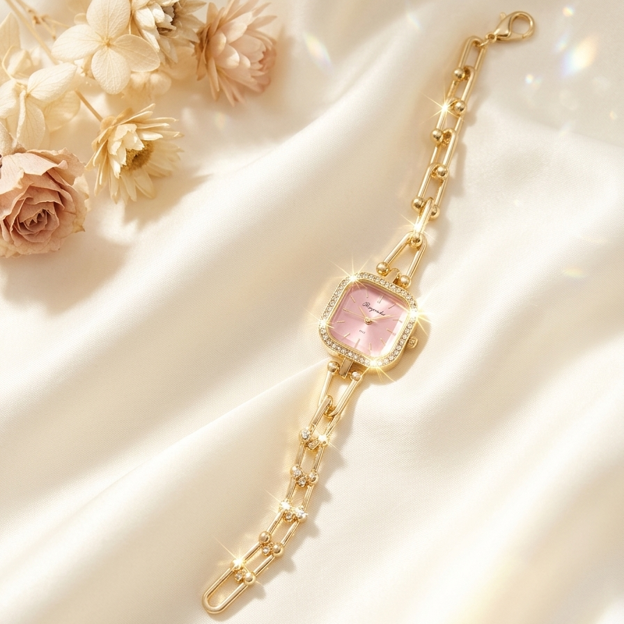 Gold-tone women watch with a square pink gemstone