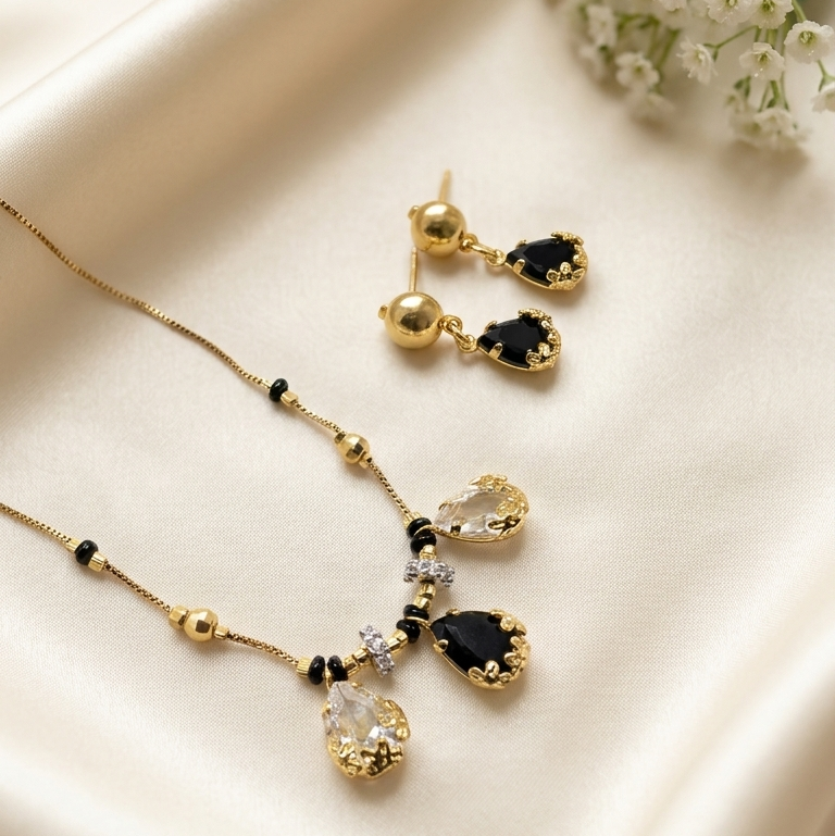 304L 18k gold plated Elegant tear drop crystal mangalsutra with stud drop earrins