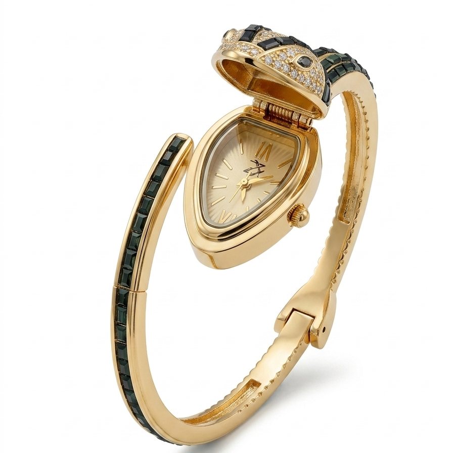 Premium black Crystal Stone Women snake Watch - Black