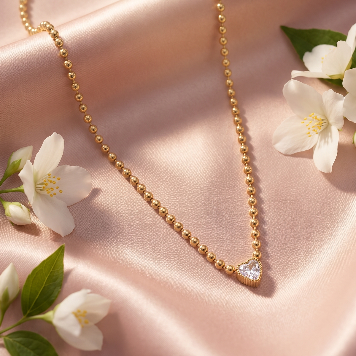 Gold bead heart pendant chain