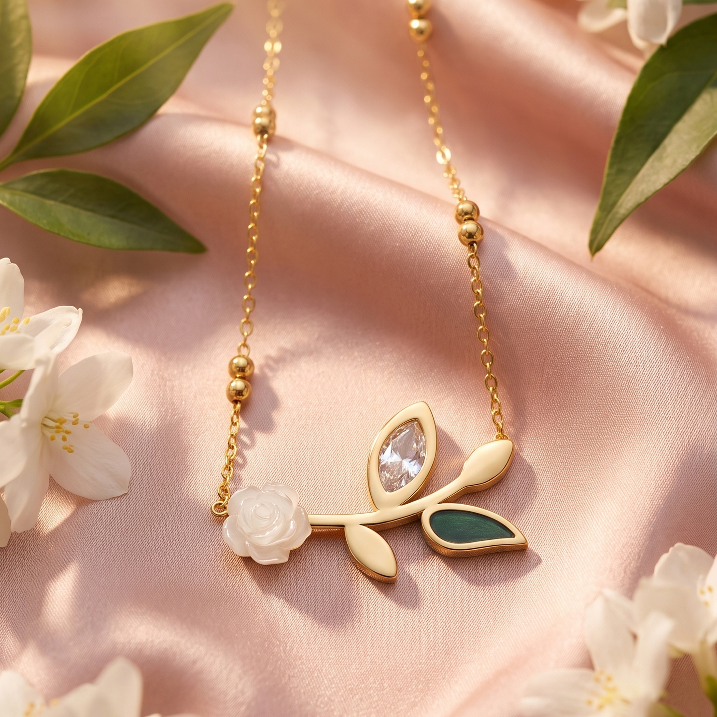 White 3d flower with green and white stone leaves