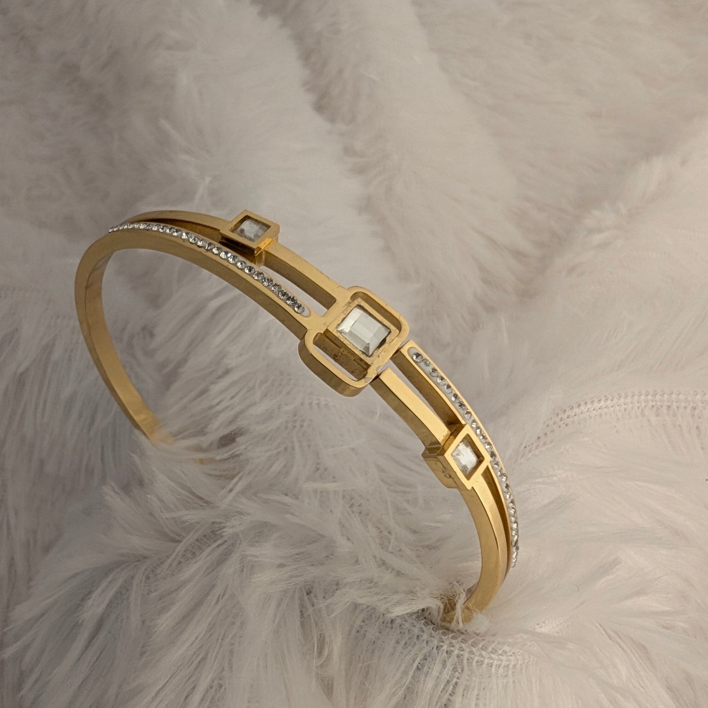 Gold bracelet with square designs and small stones 18k gold plated antitarnish