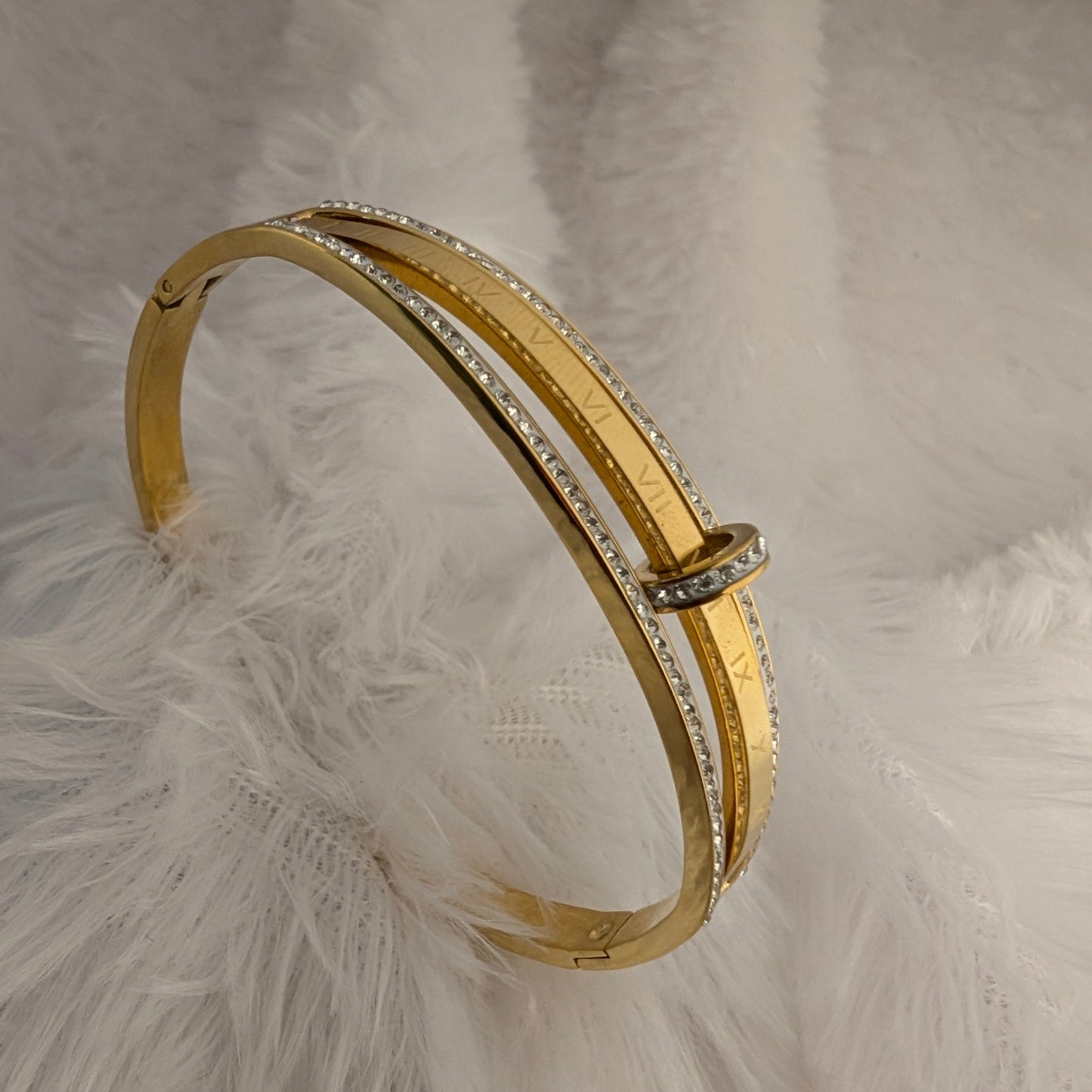 Three layer Gold bangle with engraved numbers and stones