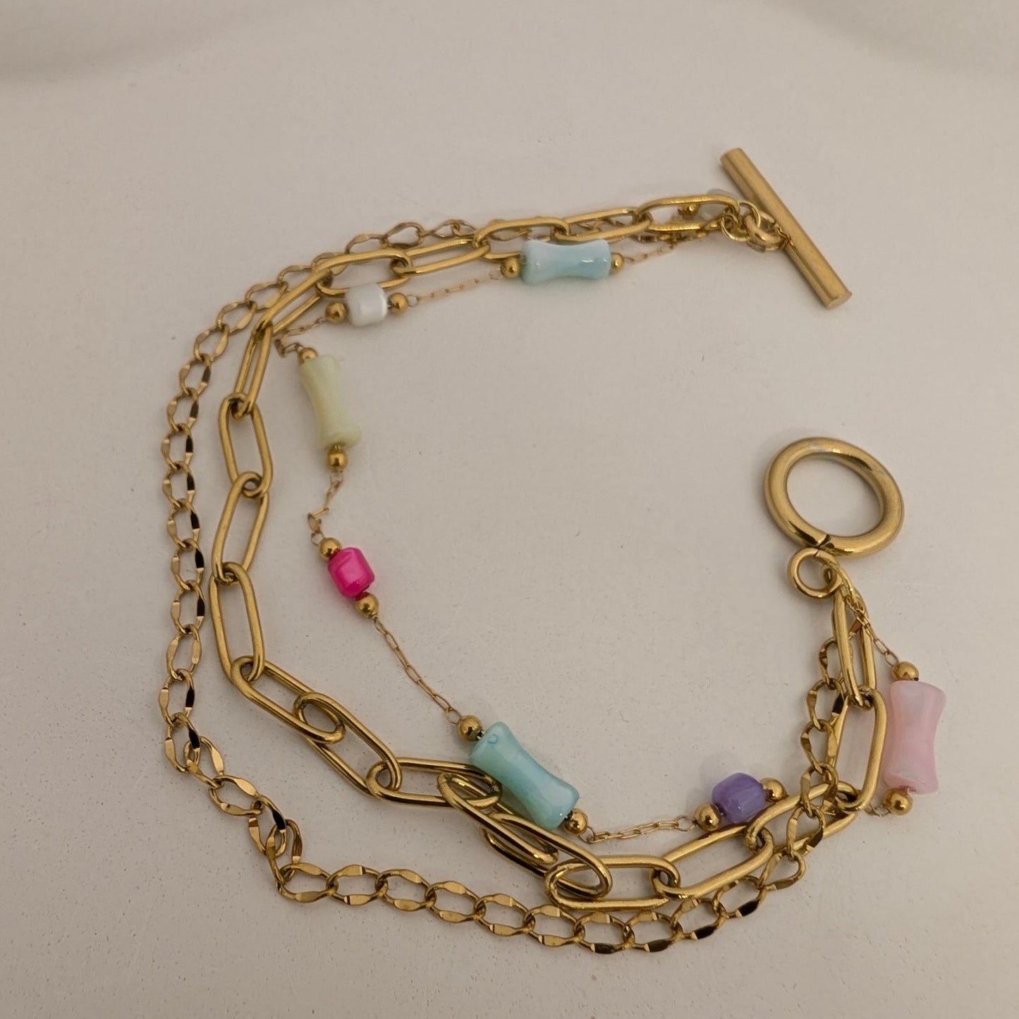 Three layered Gold chain bracelet with colorful beads