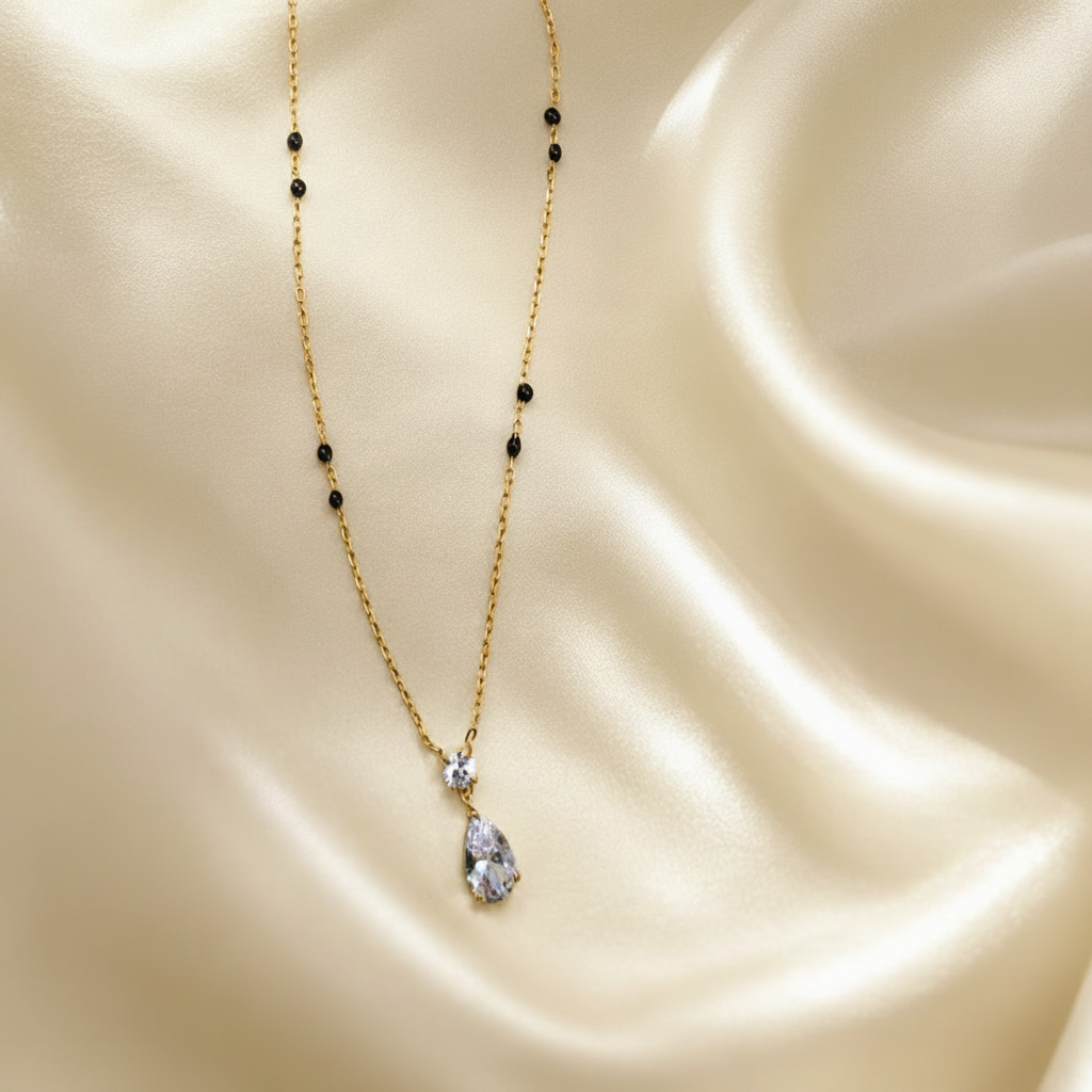 316L 18k gold plated Elegant Black Bead Crystal Drop Necklace