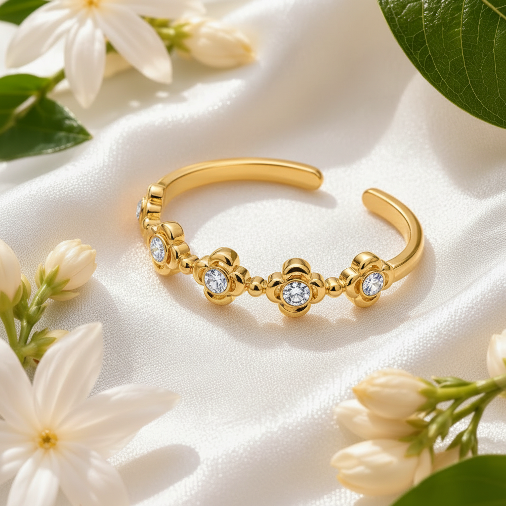304L 18K GOLD PLATED Sparkling Floral Open Band Ring