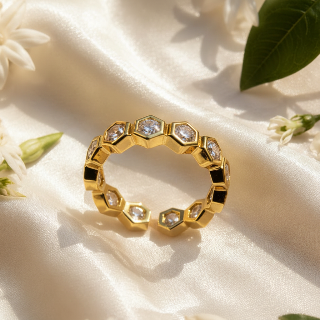 316L 18K Classic Gold Link Crystal Ring