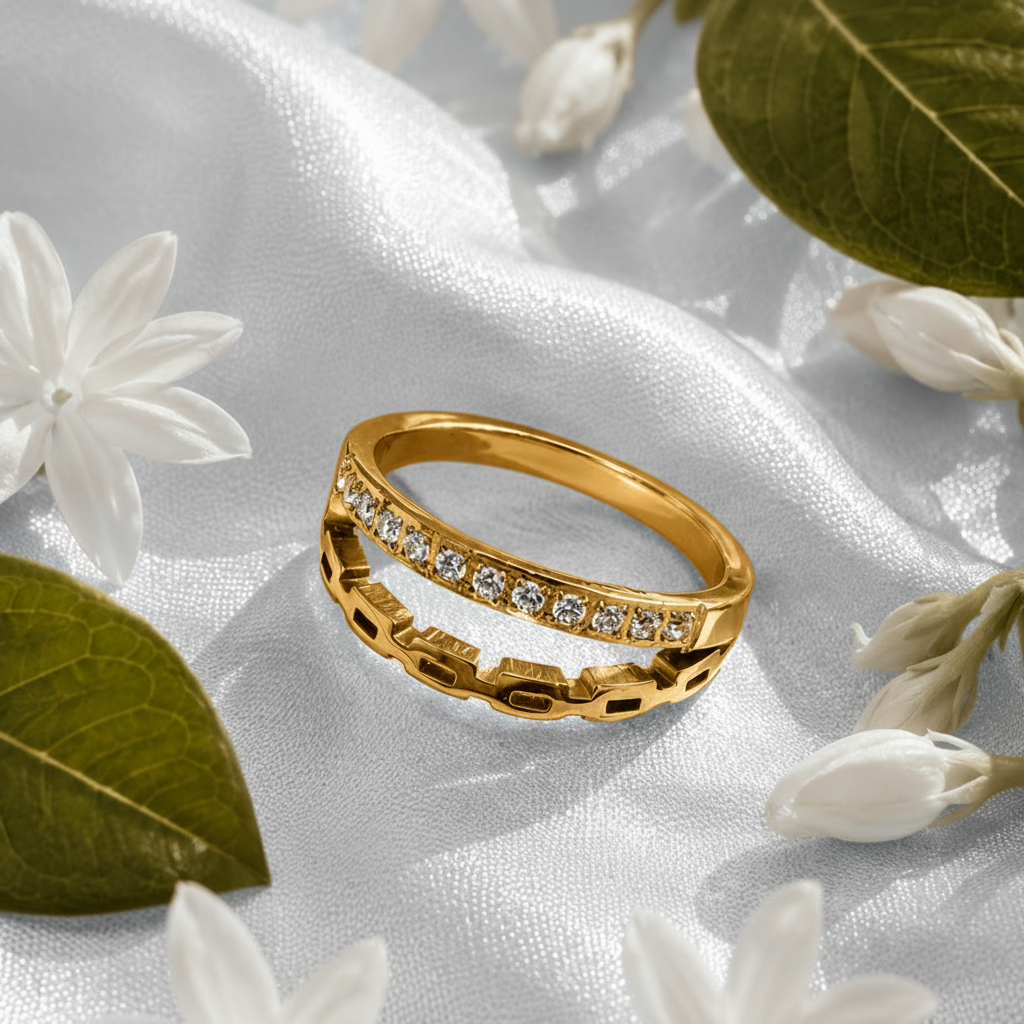 304L 18k gold platedcElegant Dual Band Crystal Gold Ring