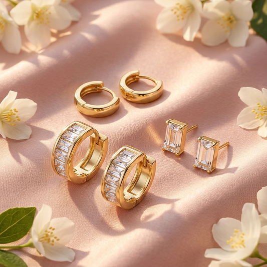 Luxury Gold hoop Earrings Set with Baguette CrystalStuds
