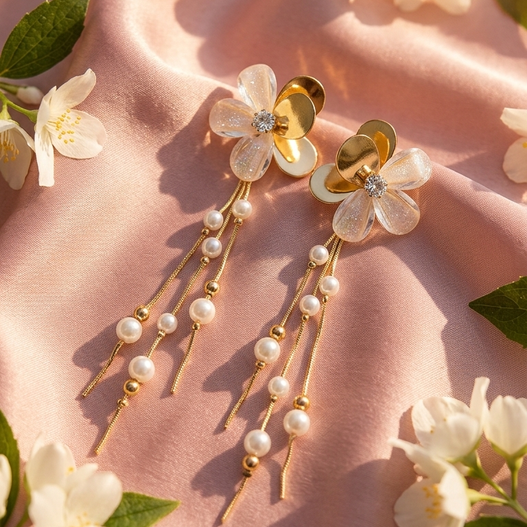 Pearl Blossom Long Drop Earrings