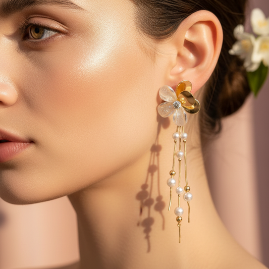 Pearl Blossom Long Drop Earrings