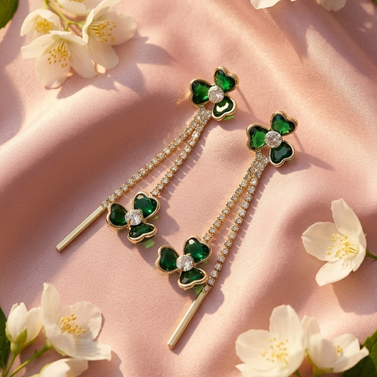 Green Clover Long Chain Earrings