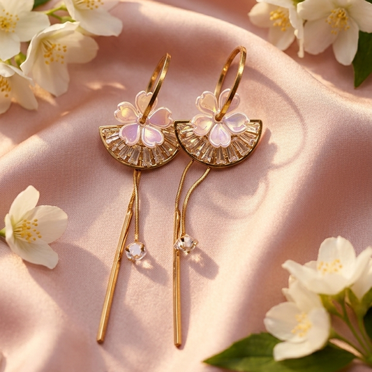 Premium Gold Hoop Earring With Flower and Crystal Tasselels