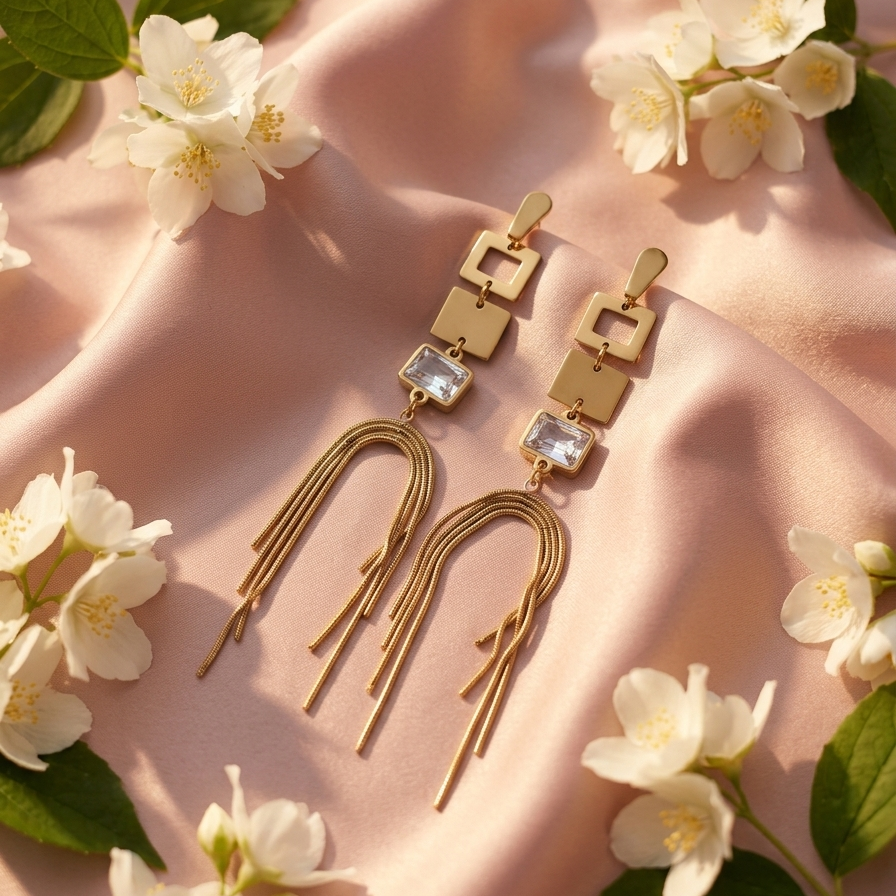 Elegant Square Crystal Tassel Earrings