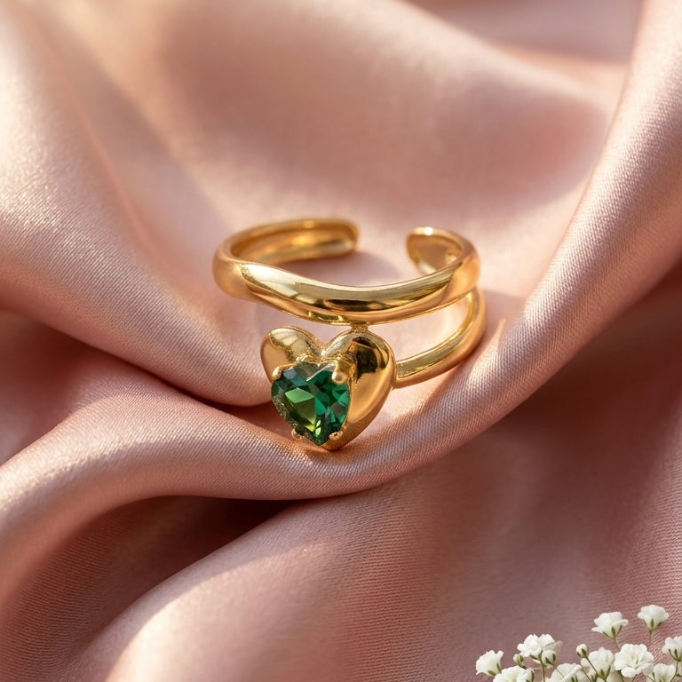  Gold adjustable Ring with a Heart-Shaped Green Gemstone