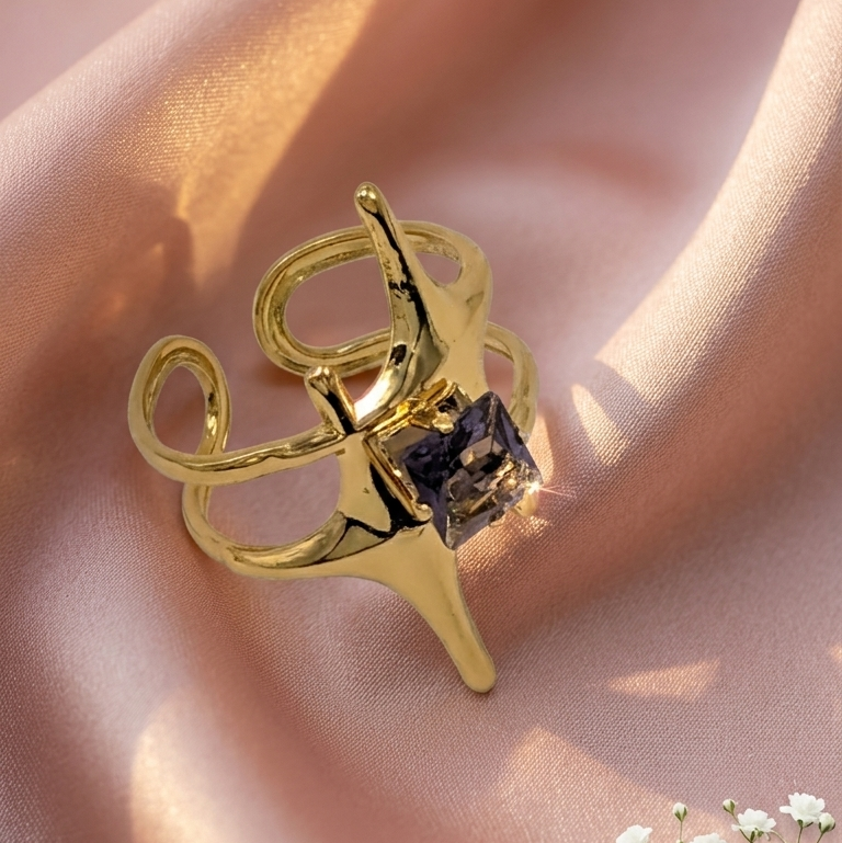  Gold adjustable Ring with purple Gemstone