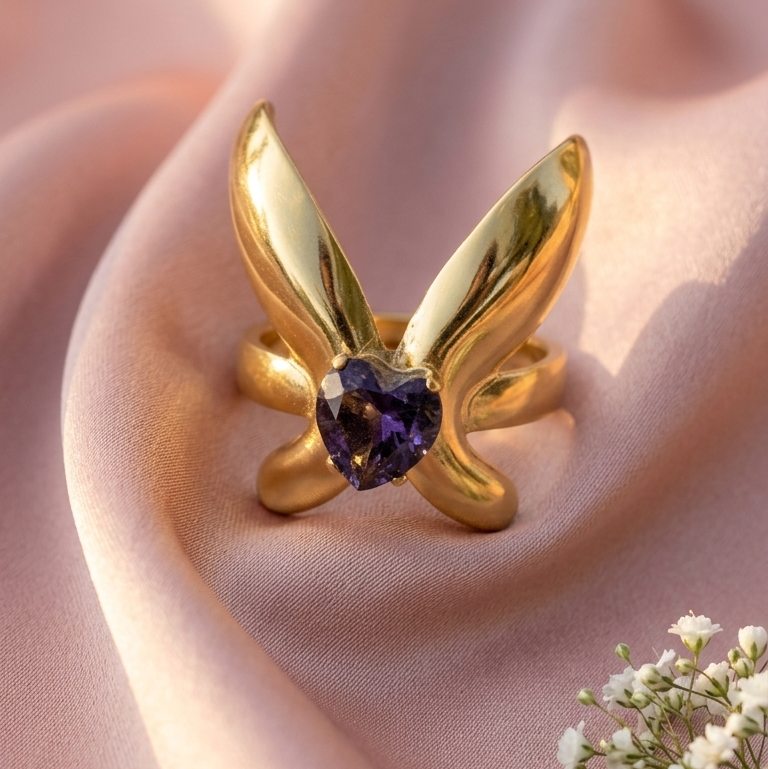  Gold butterfly Ring with a heart-shaped purple Gemstone