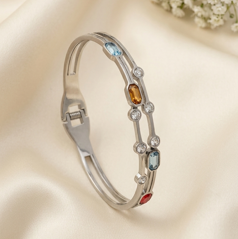  silver-toned bangle kada with small colorful gemstone
