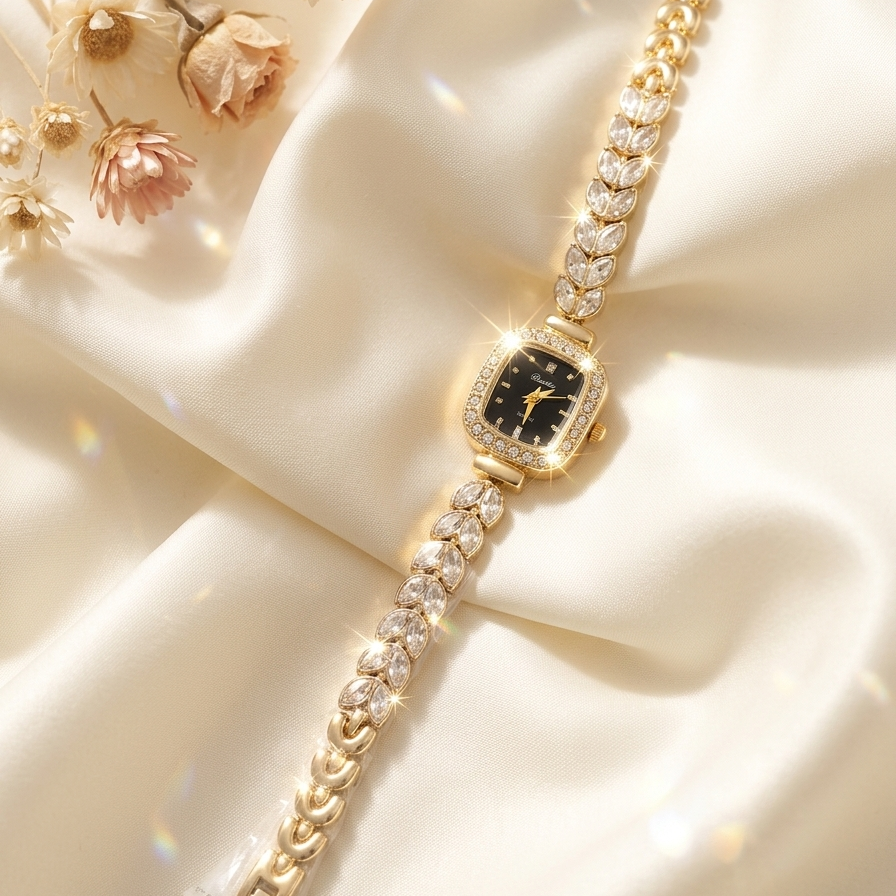  Gold-tone watch with a black dial and diamond-encrusted