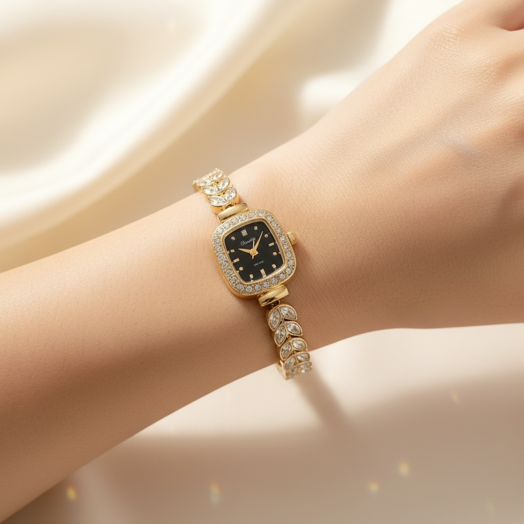 Gold-tone watch with a black dial and diamond-encrusted