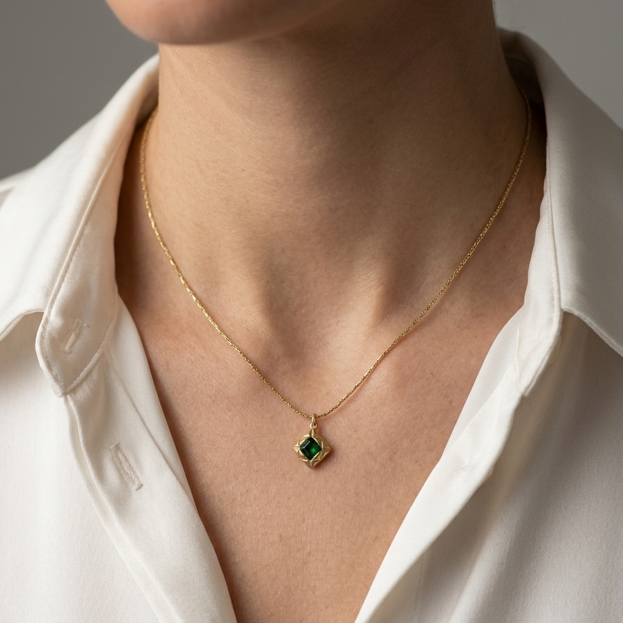 Goldchainnecklacewithasmalldiamond-shapedpendant