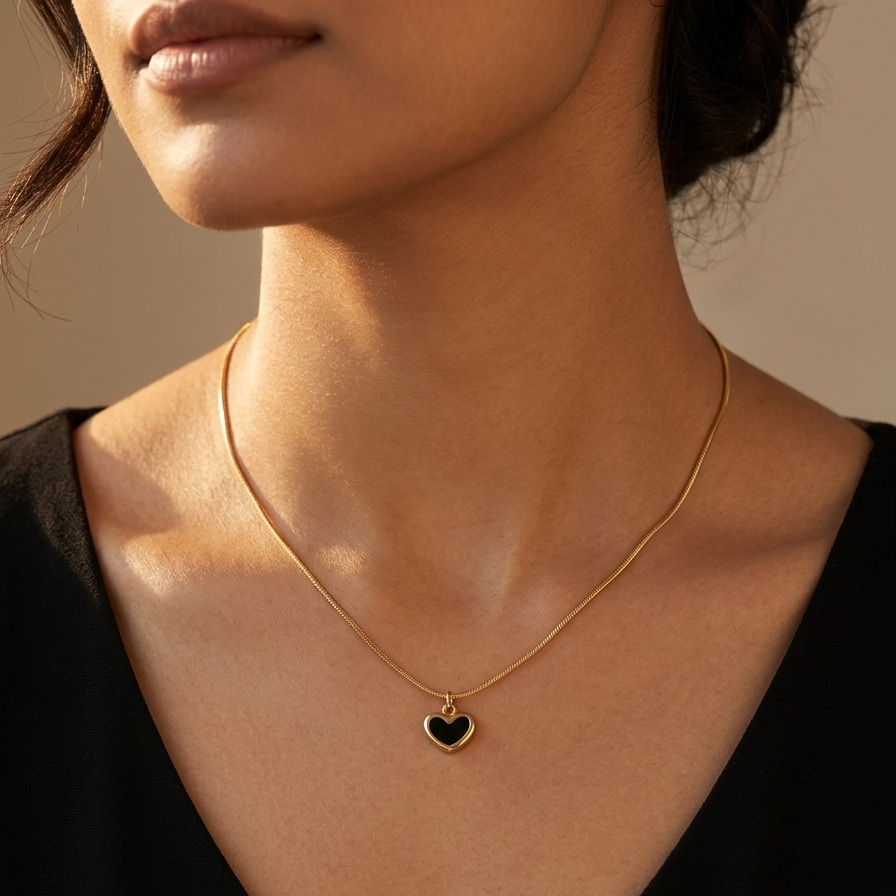  Gold chain necklace with Black Heartshape pendent