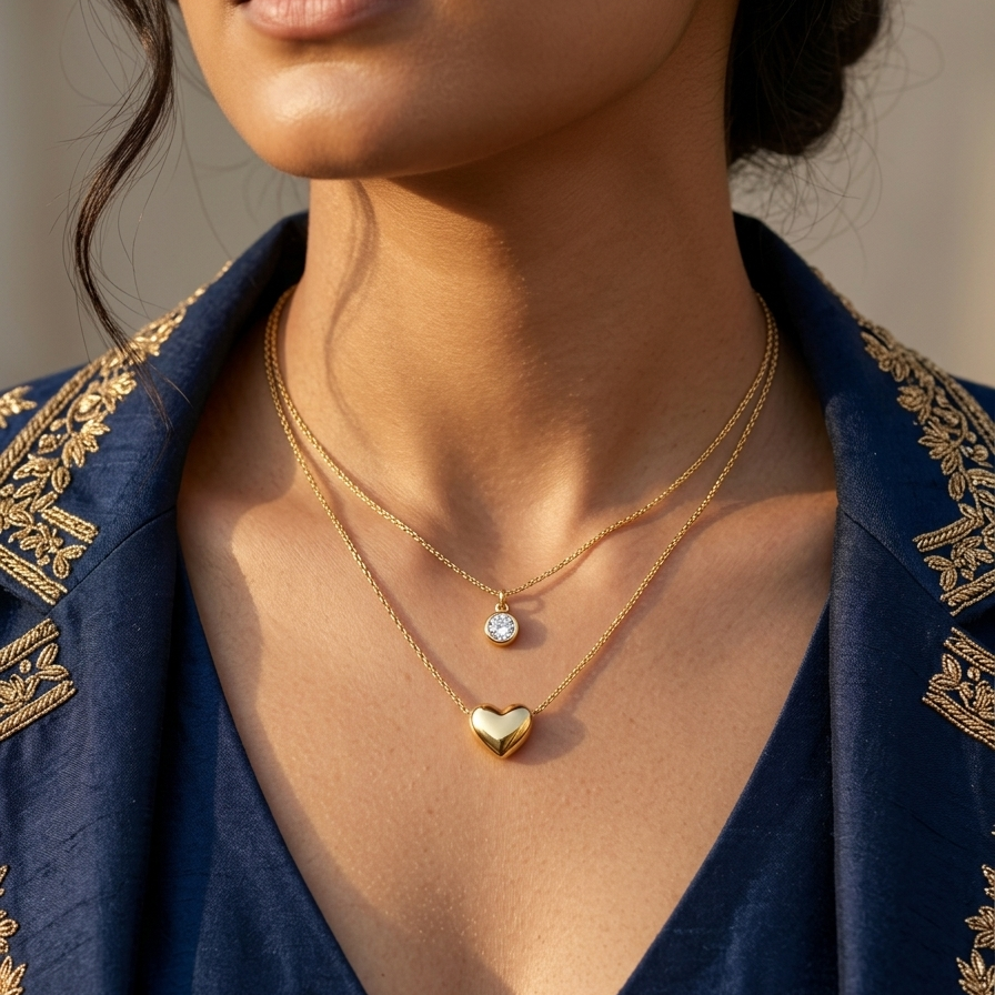 Dainty Double Layer Crystal and Heartshaped Nacklace