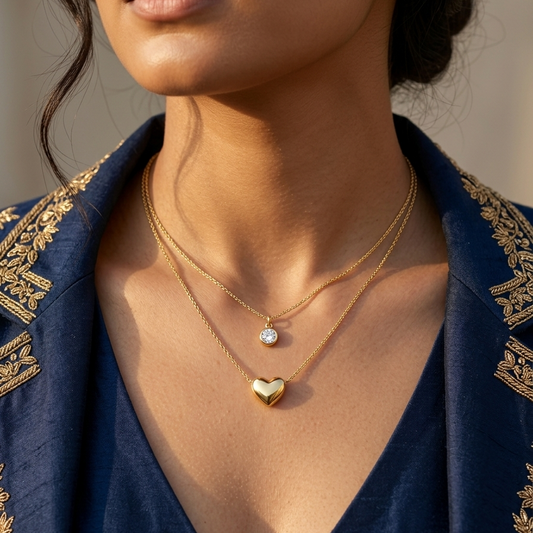 Dainty Double Layer Crystal and Heartshaped Nacklace