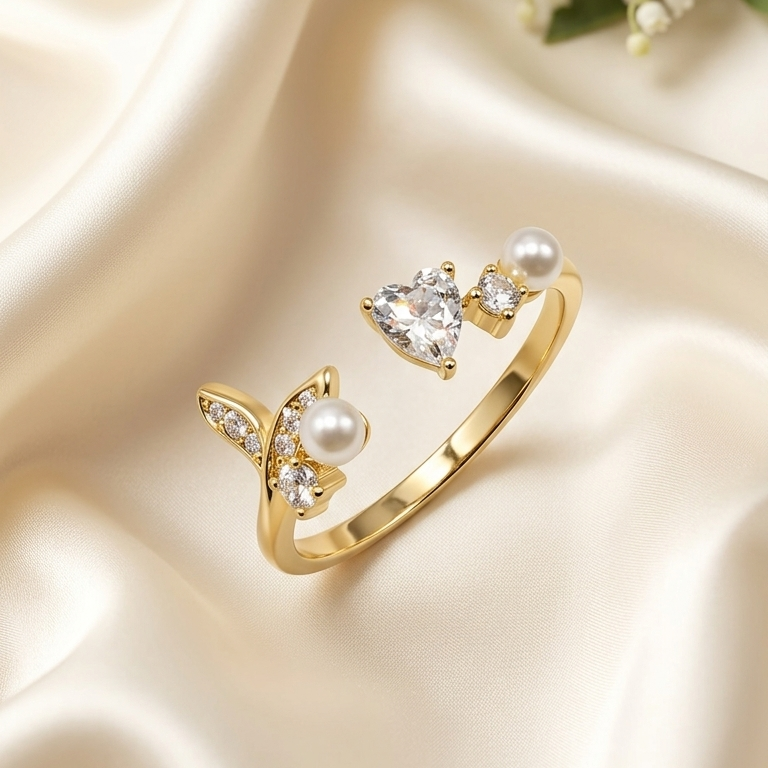 316L 18K Gold plated Elegant Pearl and heart crystal Adjustable Ring