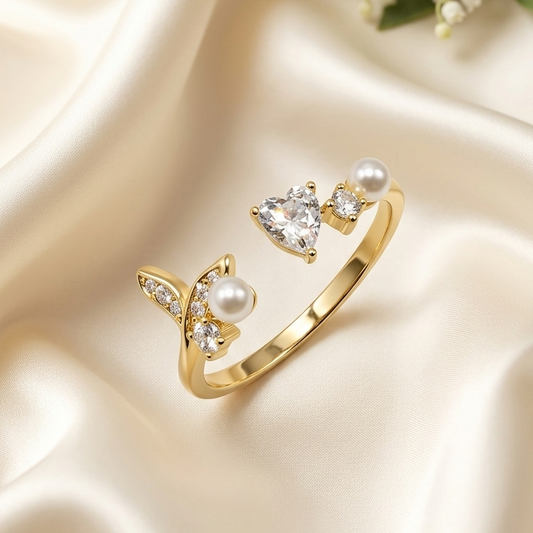 316L 18K Gold plated Elegant Pearl and heart crystal Adjustable Ring