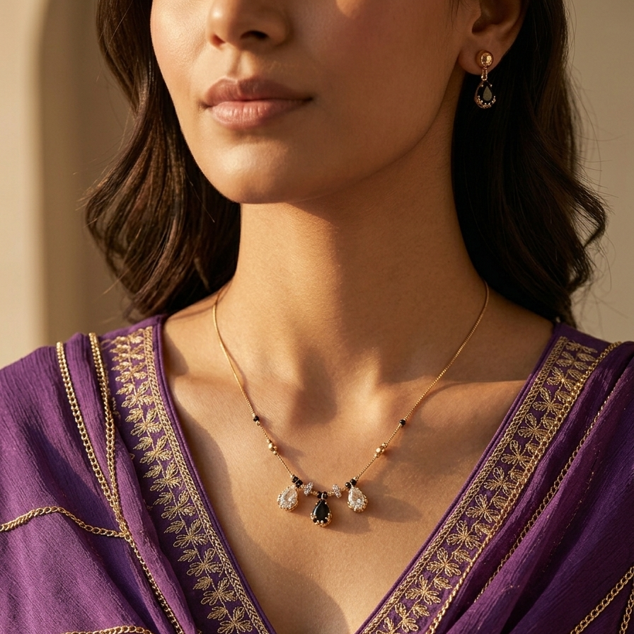 304L 18k gold plated Elegant tear drop crystal mangalsutra with stud drop earrins