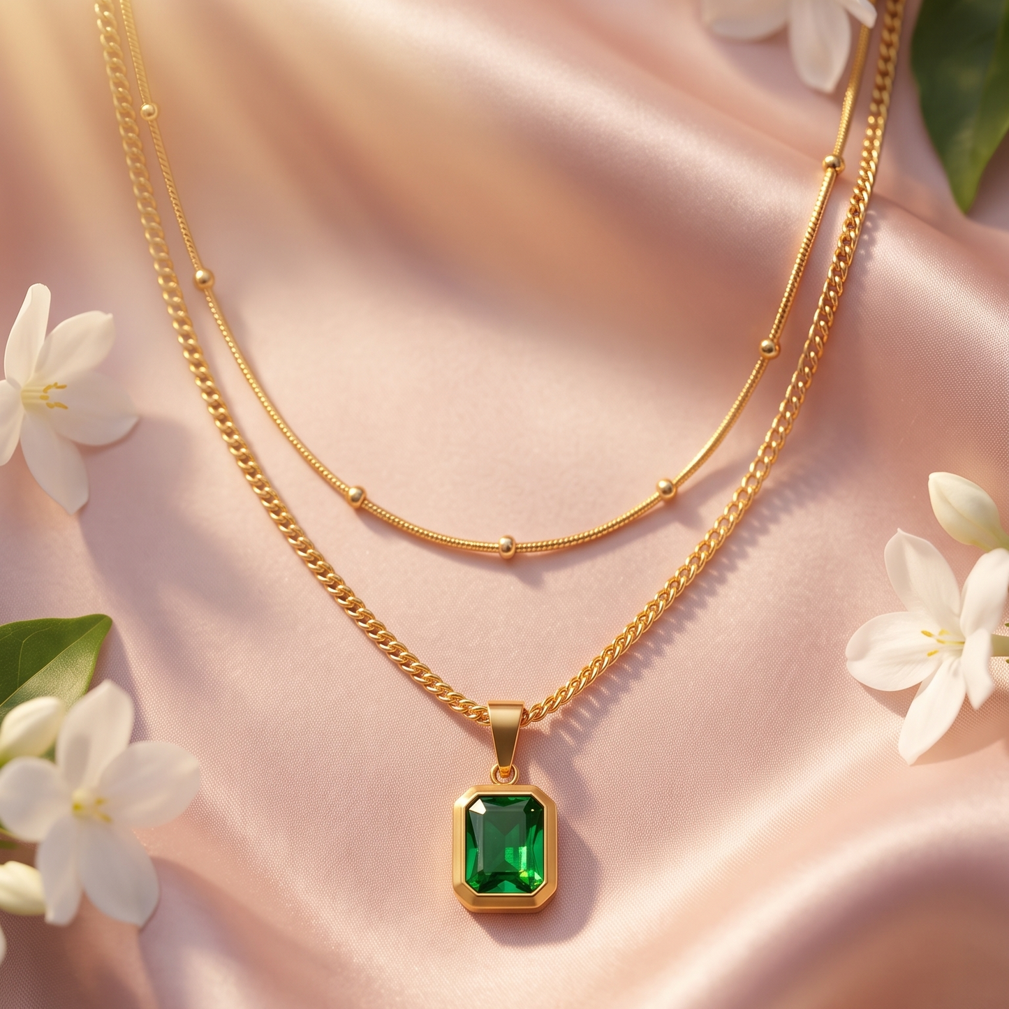 Gold necklace with a green gemstone pendant