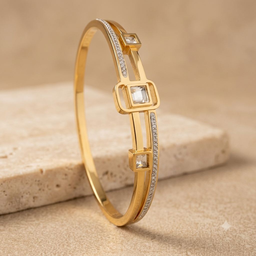 Gold bracelet with square designs and small stones 18k gold plated antitarnish
