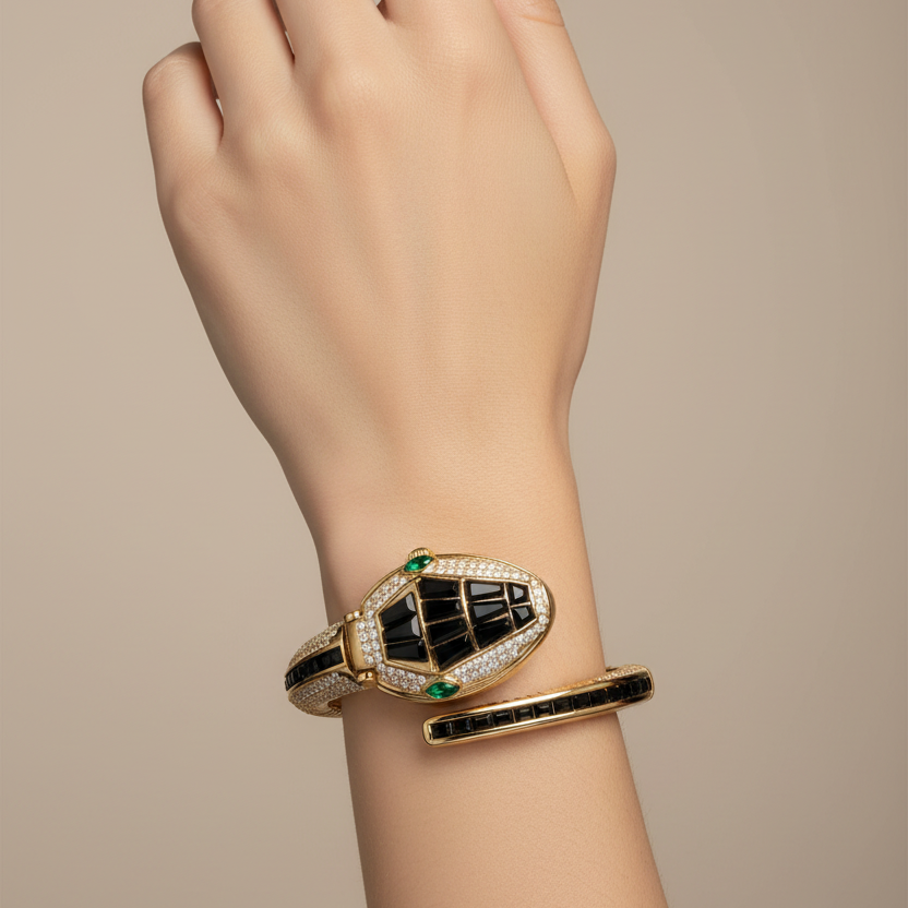 Premium black Crystal Stone Women snake Watch - Black