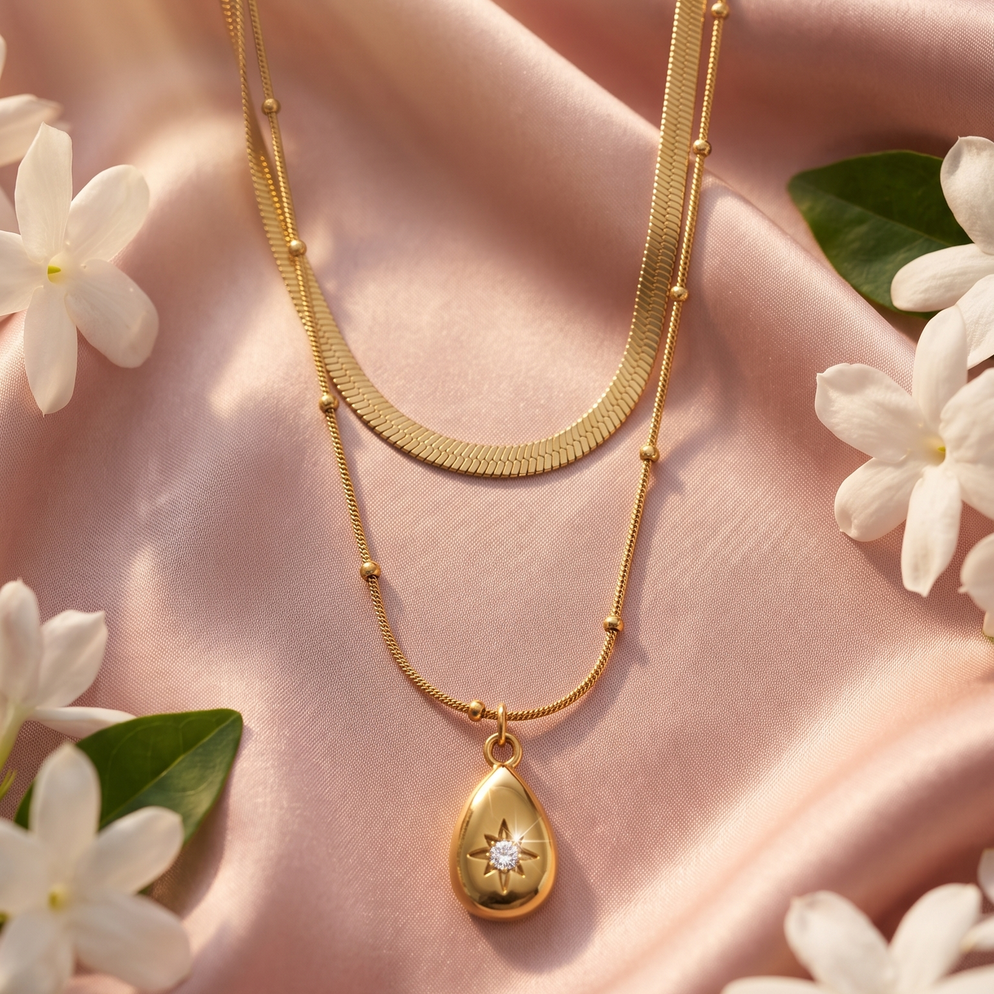 Layered Gold necklace with a teardrop pendant