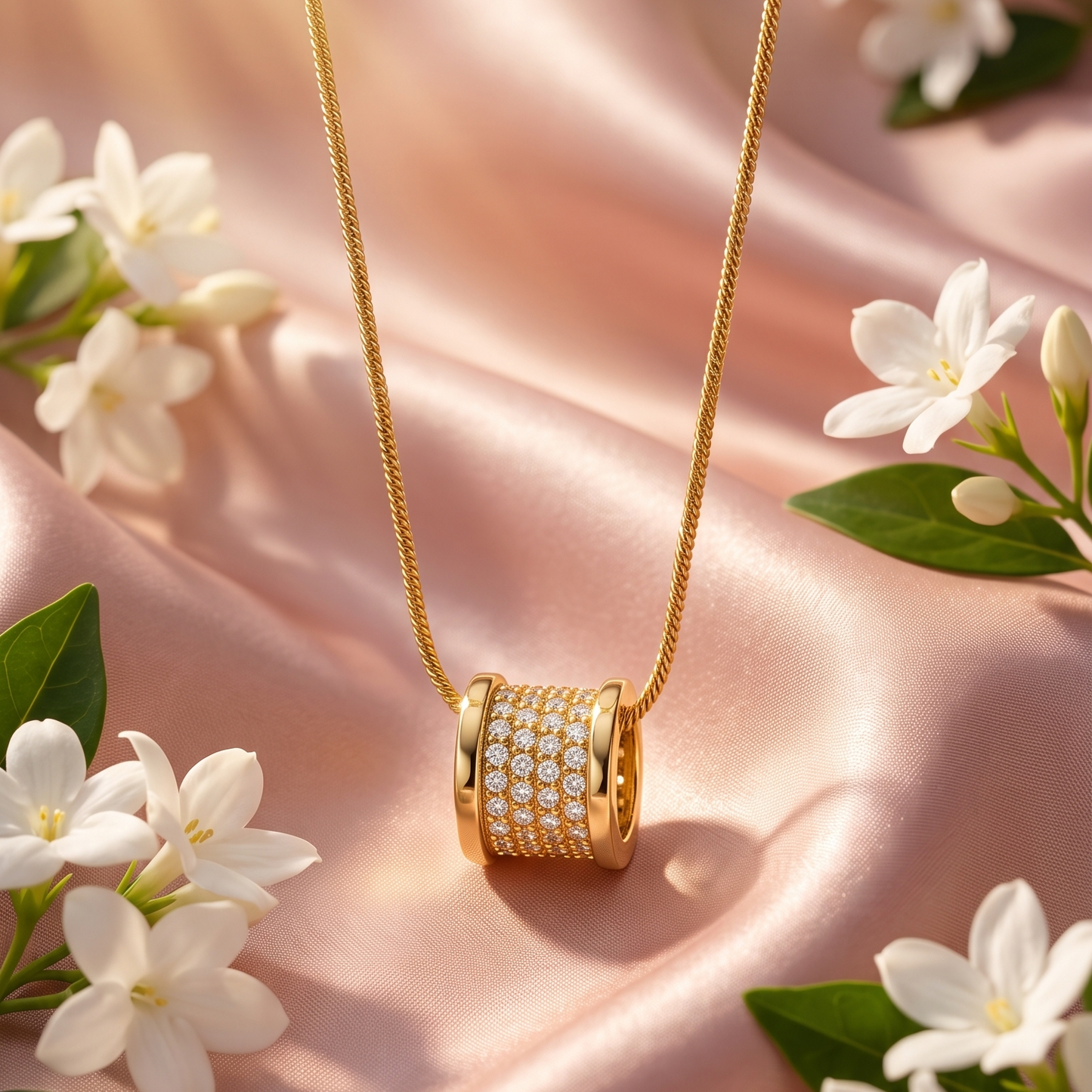 Gold necklace with a cylindrical pendant