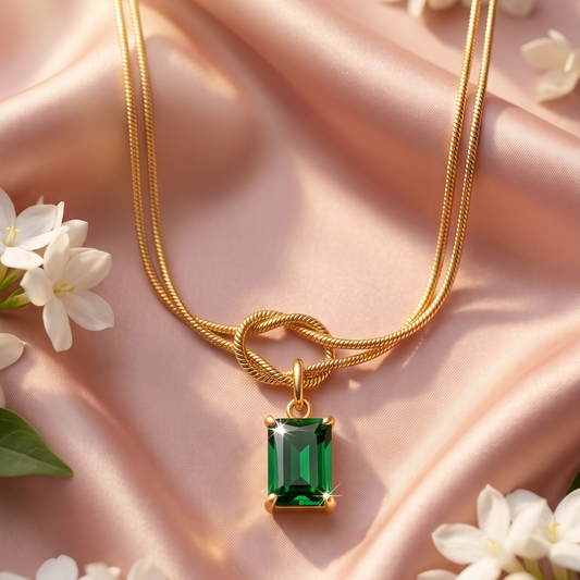 Gold necklace with a green gemstone pendant
