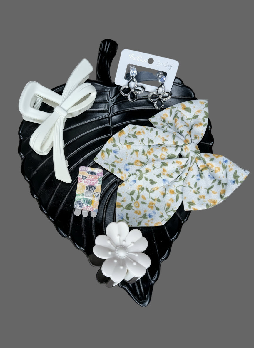 Elegant White Hair Accessories & Floral Bow Combo with Stylish Earrings
