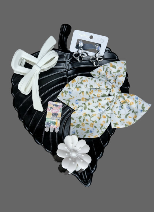 Elegant White Hair Accessories & Floral Bow Combo with Stylish Earrings