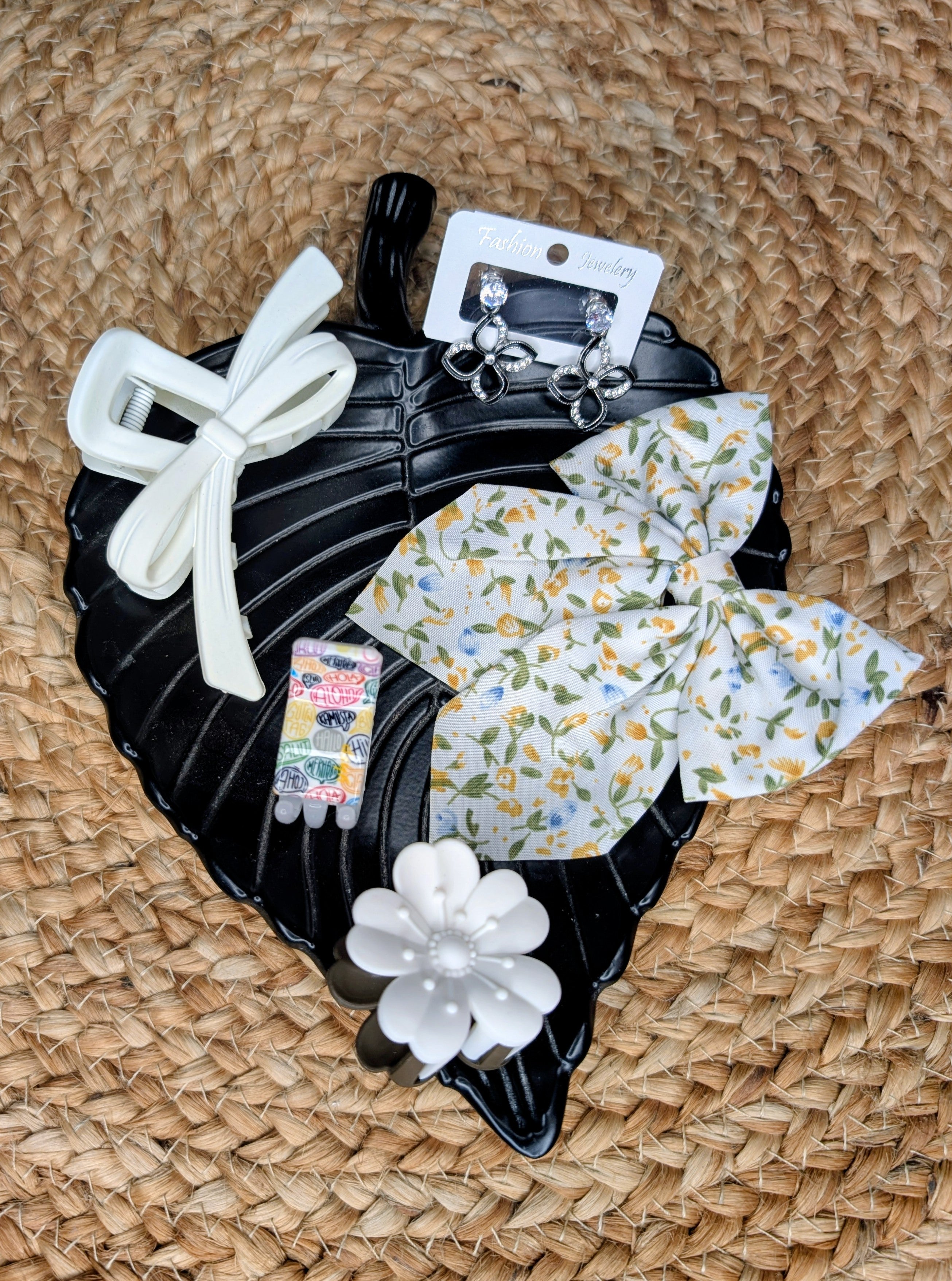 Elegant White Hair Accessories & Floral Bow Combo with Stylish Earrings