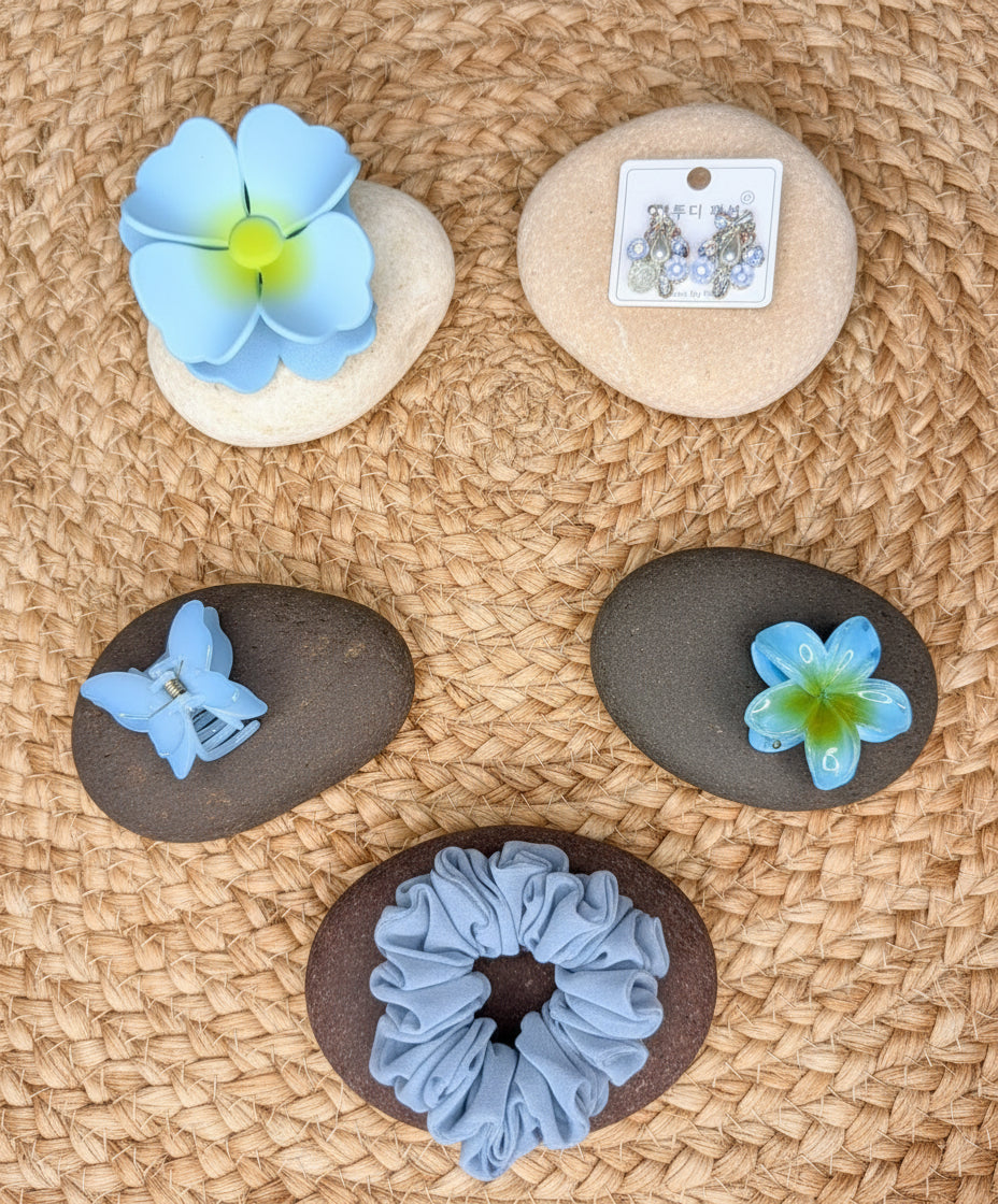 Sky Blue Floral Hair Accessories & Korean Earrings Combo Set
