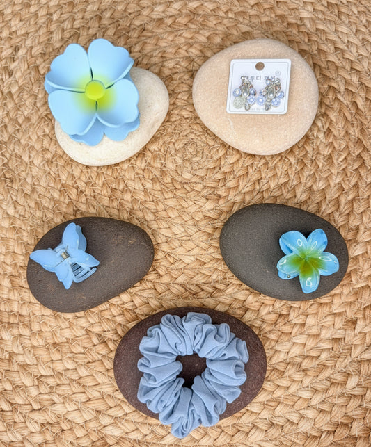 Sky Blue Floral Hair Accessories & Korean Earrings Combo Set