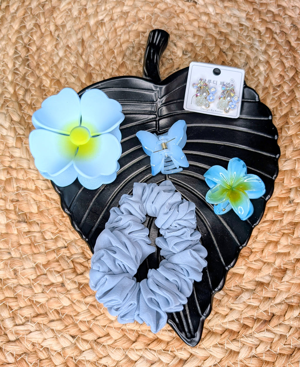Sky Blue Floral Hair Accessories & Korean Earrings Combo Set