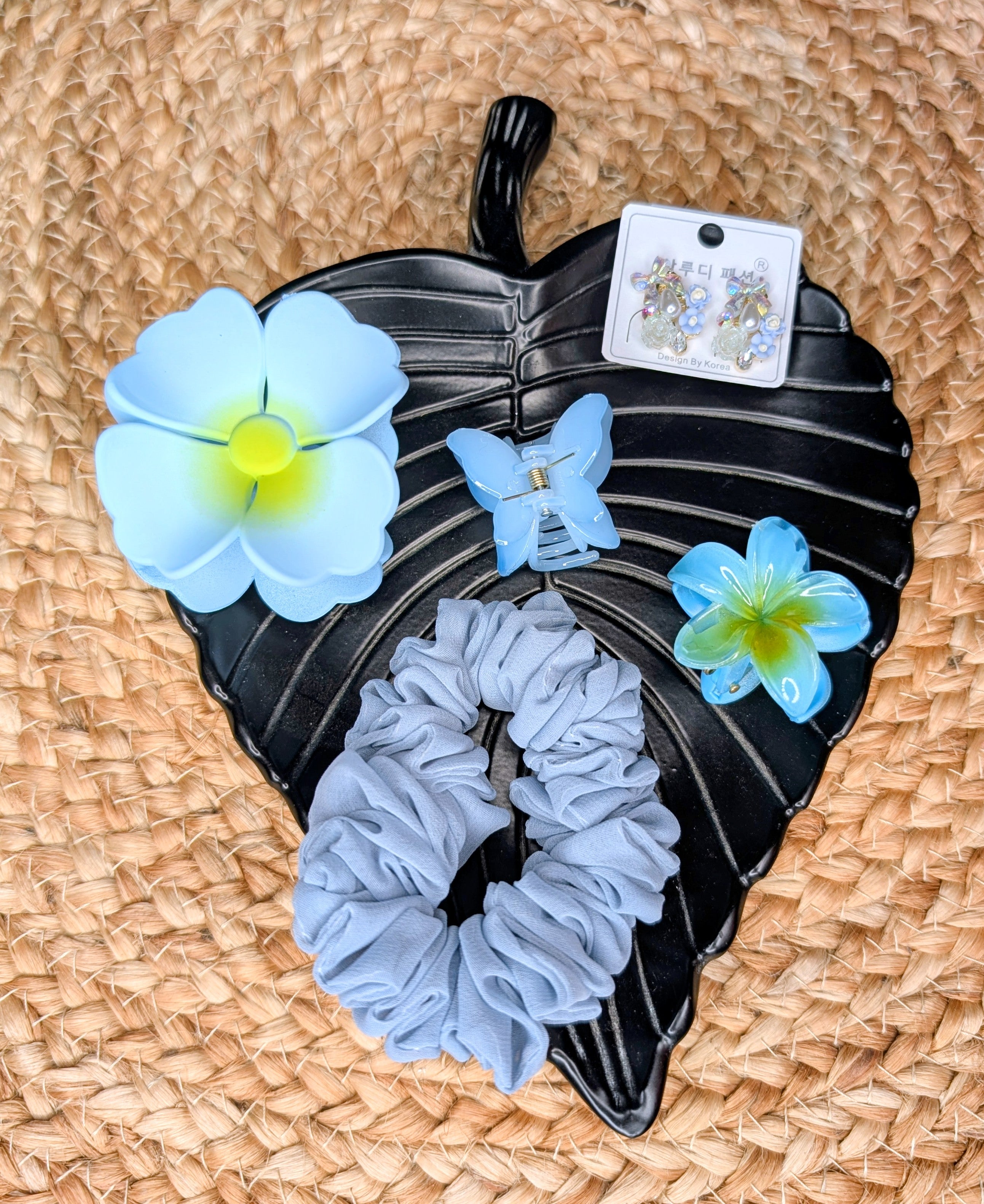 Sky Blue Floral Hair Accessories & Korean Earrings Combo Set