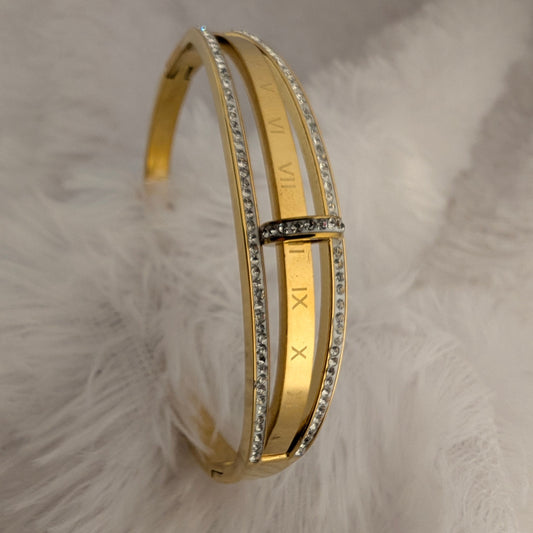 Three layer Gold bangle with engraved numbers and stones