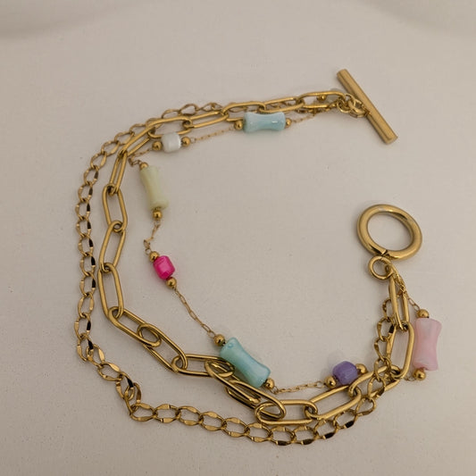 Three layered Gold chain bracelet with colorful beads